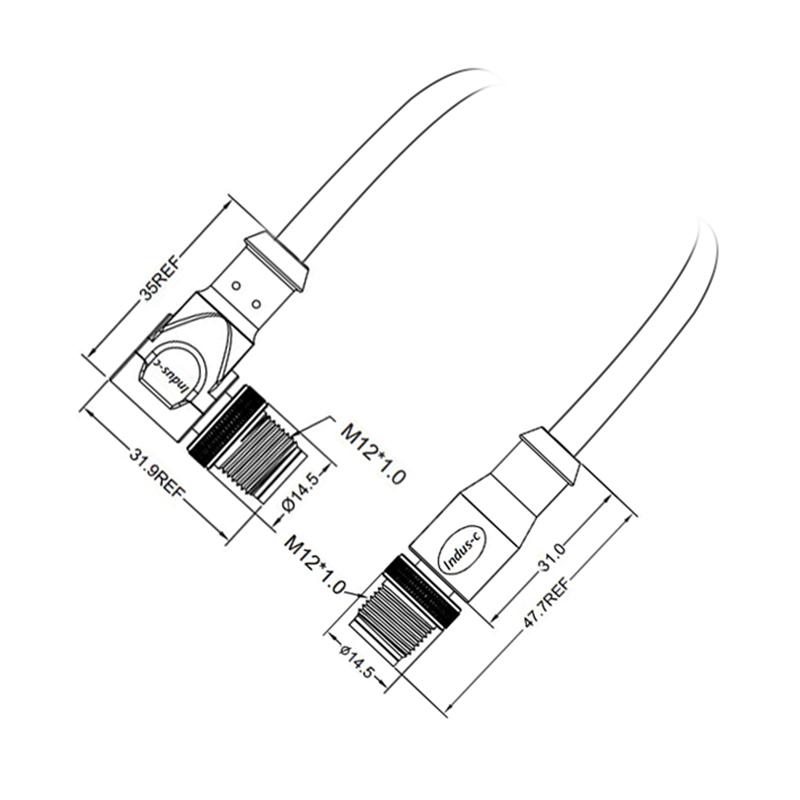 M12 4pins D code male straight to male right angle molded cable,shielded,PUR,-40°C~+105°C,22AWG 0.34mm²,brass with nickel plated screw